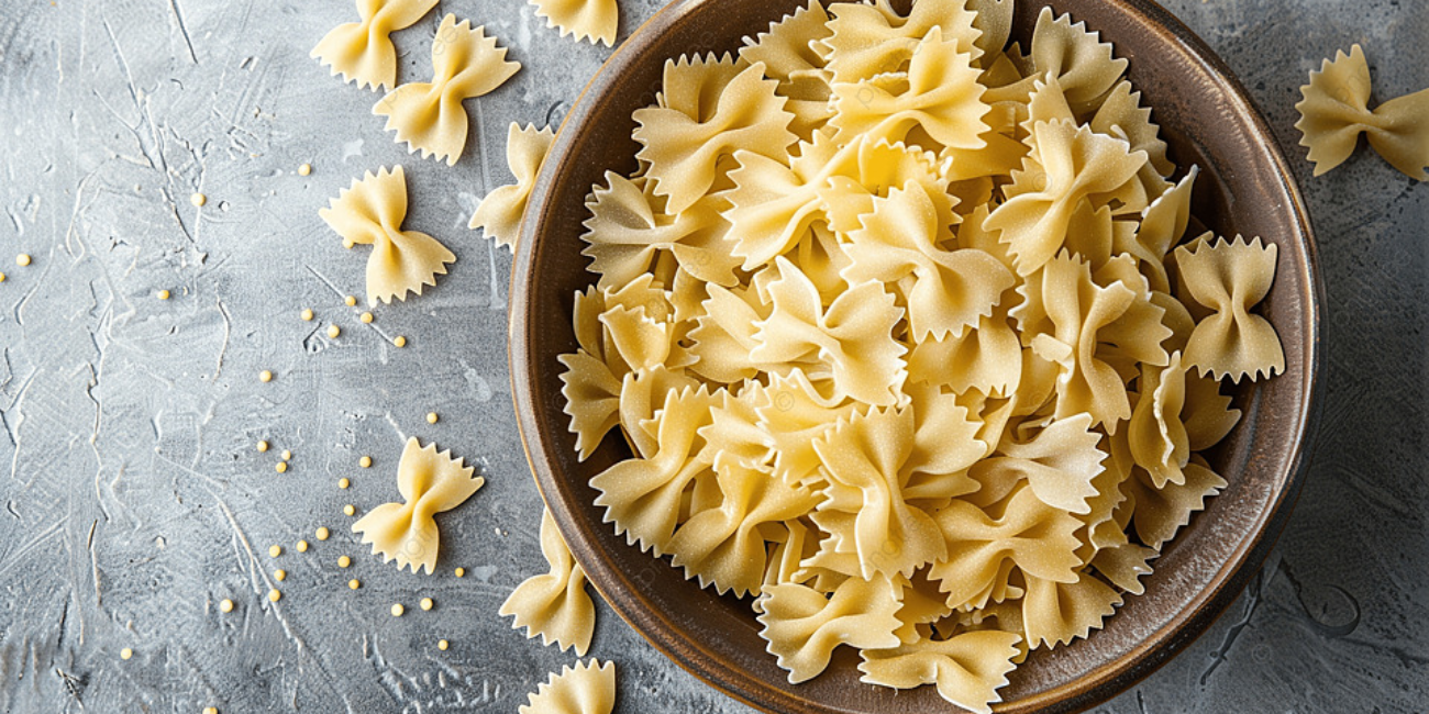A bowl filled with uncooked farfalle pasta placed on a table