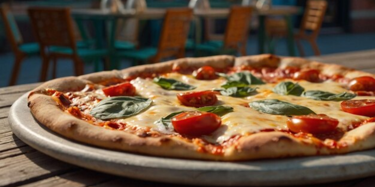 A freshly baked pizza on a plate, topped with vibrant tomatoes and fresh basil leaves.