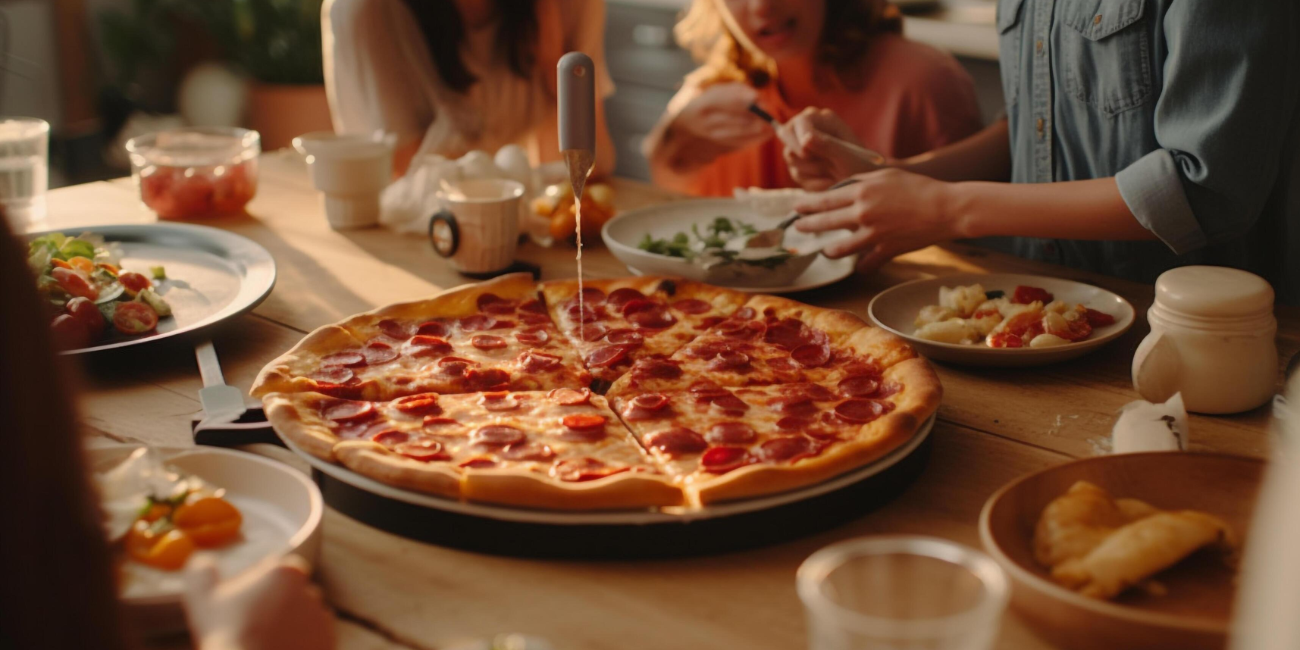 A group of friends enjoying pizza together at a table, smiling and engaged in conversation.