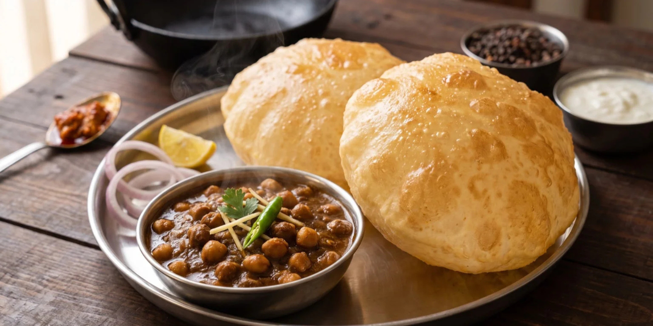 A hearty Indian meal of chole, sliced onions and lemon, served with two bhature on a metal platter; warm, inviting tones.