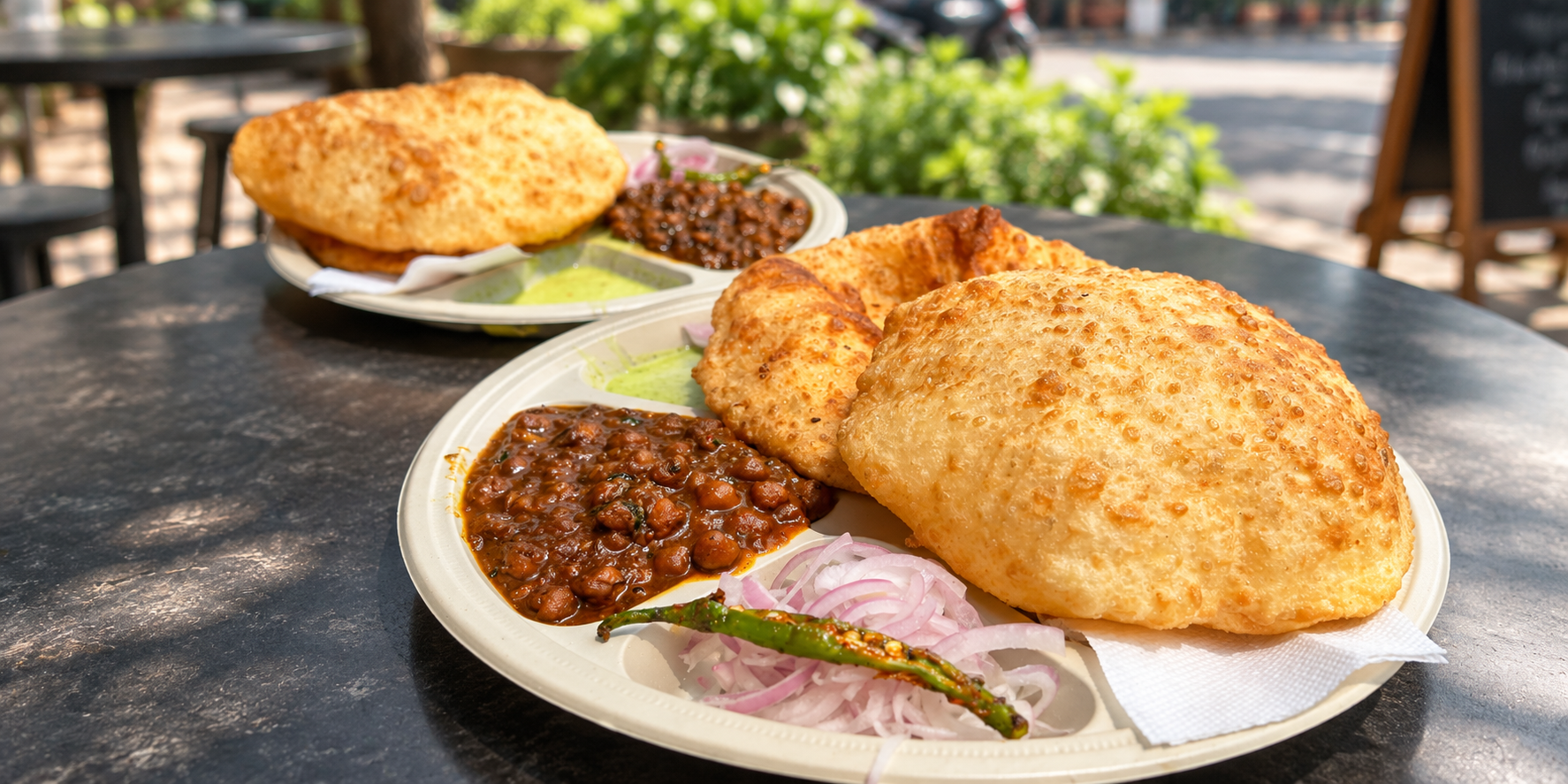 Two plates of chole bhature featuring fried bhatura bread served with chickpea curry, sliced onions, a green chili, and green chutney.